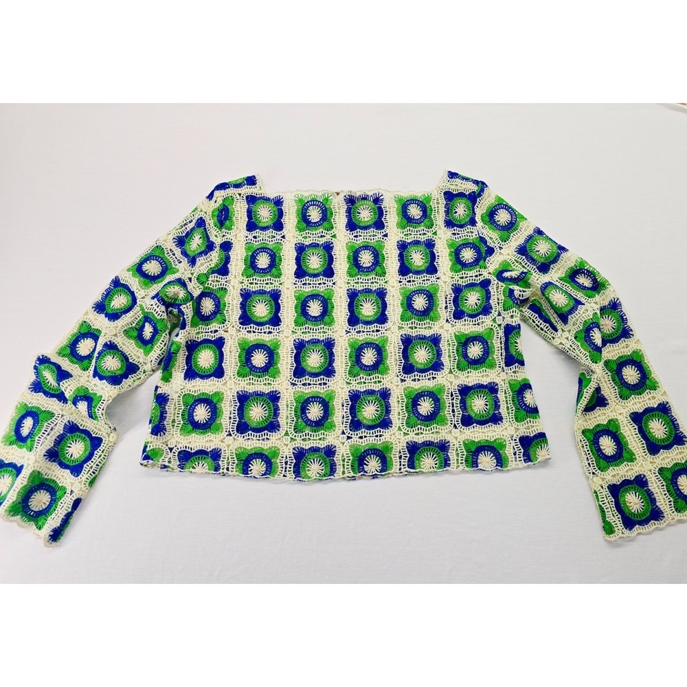 Chelsea & Violet Bonnie Granny Square Crochet Top Blue Green Long Sleeve Sz L - Picture 2 of 7